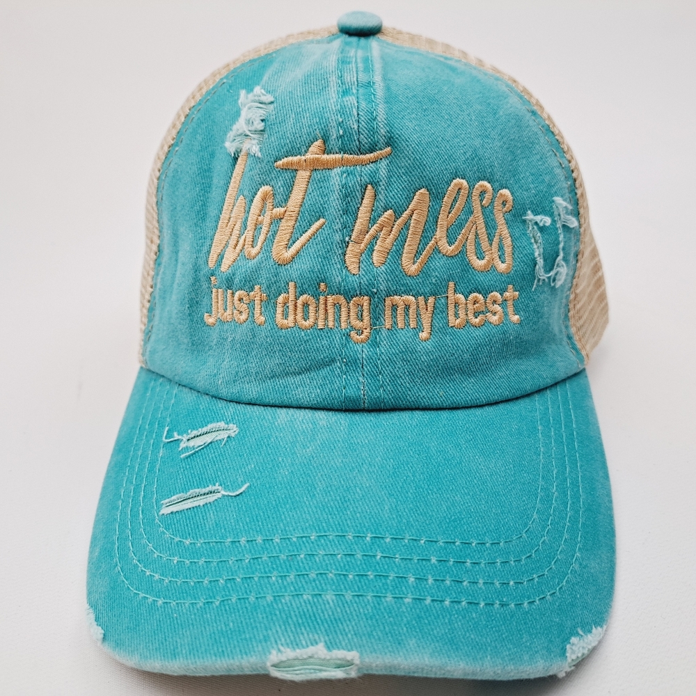 Hot Mess Women's Embroidered Pony Tail Criss Cross Hat Cap Teal Cotton